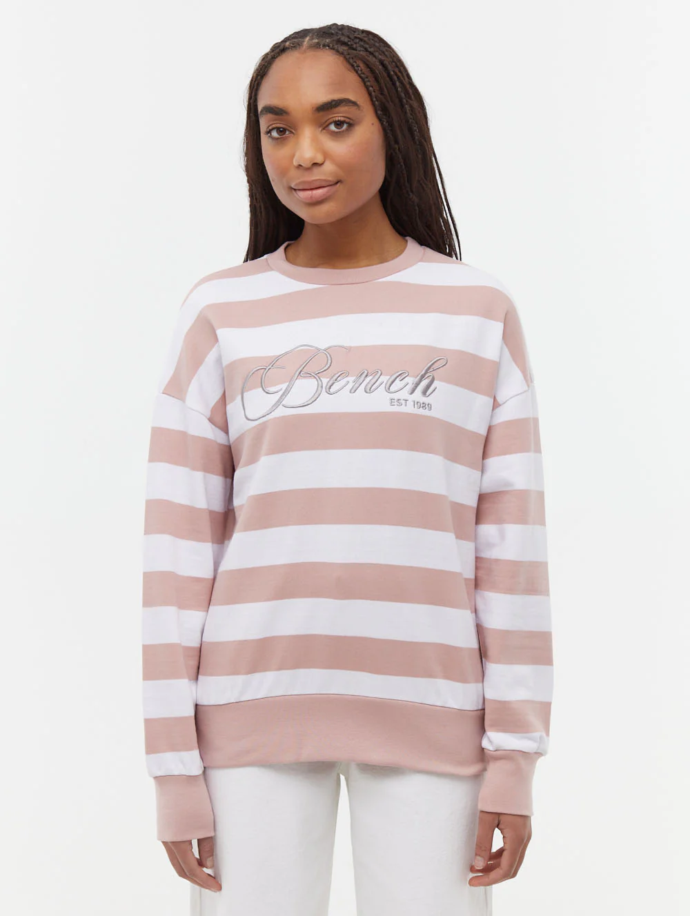 Hanneli Striped Crew Neck Sweatshirt - Pink