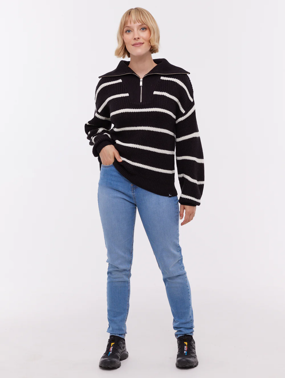 Margita Striped Zippered Funnel Sweater - Black - Image 2