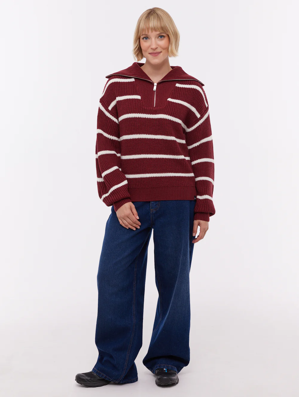 Margita Striped Zippered Funnel Sweater - Red - Image 2