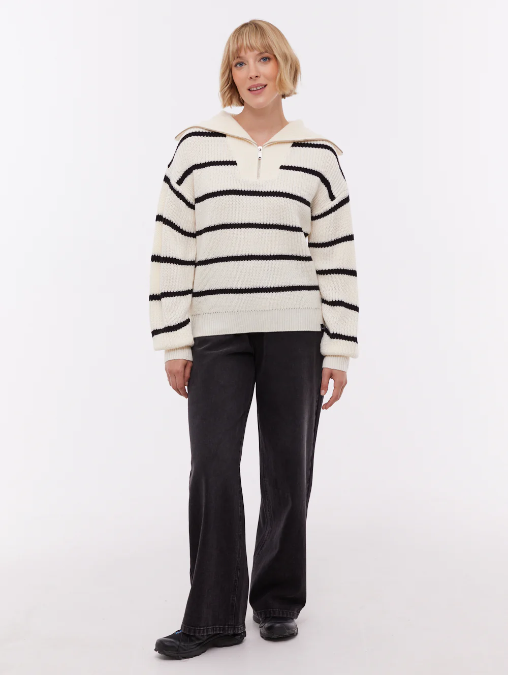 Margita Striped Zippered Funnel Sweater - Beige - Image 2