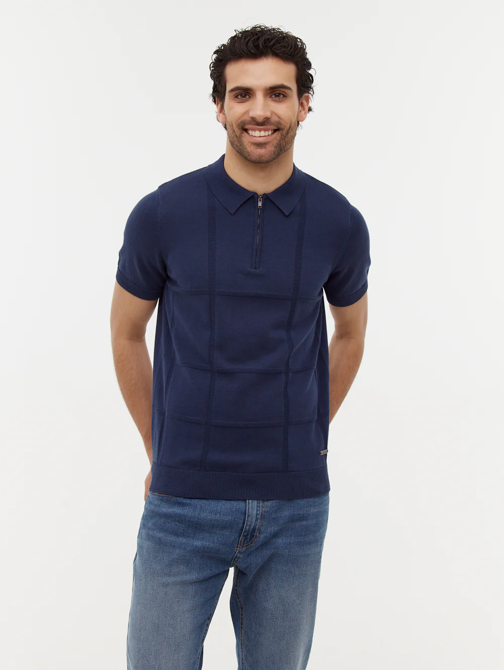 Navaro Grid Pattern Polo Shirt - Blue