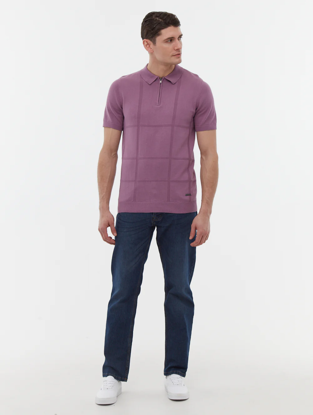 Navaro Grid Pattern Polo Shirt - Purple - Image 2