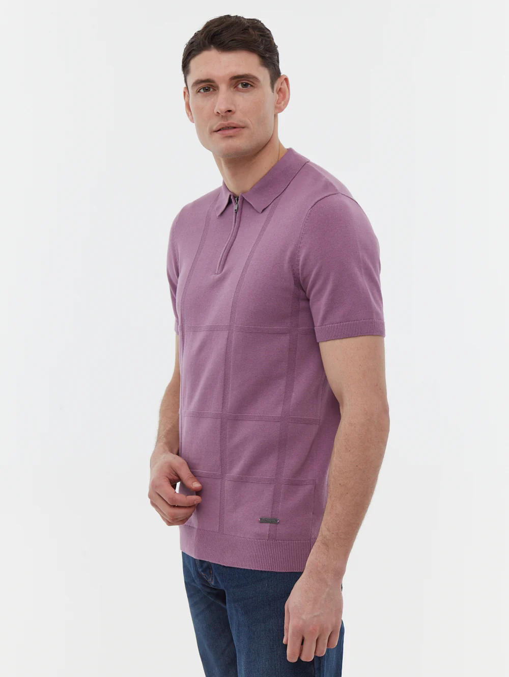 Navaro Grid Pattern Polo Shirt - Purple - Image 5